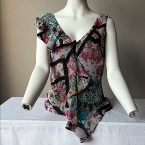 Nicole Miller Pink and Green Asymmetrical Ruffled Blouse